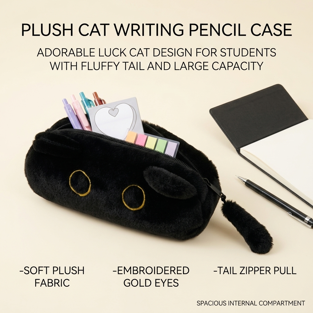 Large Capacity Pencil Case Black Color, 3D Cat Pen Bags Pencil Pouch Organizer for Office College School - Image 4
